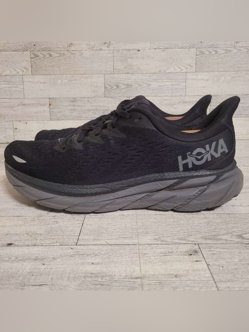 Men’s Hoka One One Clifton 8 Black Mesh Athletic Running Sneakers Shoes Size 10